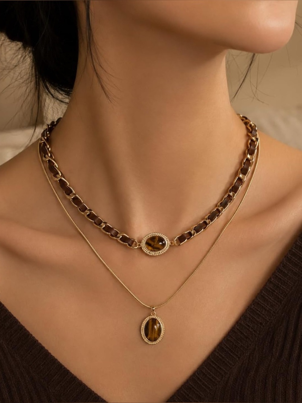 Gold Tiger's Eye Layered Necklace Set NEW B03-09